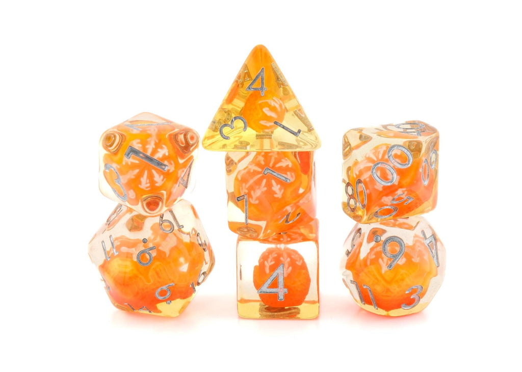 Orange Resin DnD Dice Set: 7 Piece Fruit RPG Dice