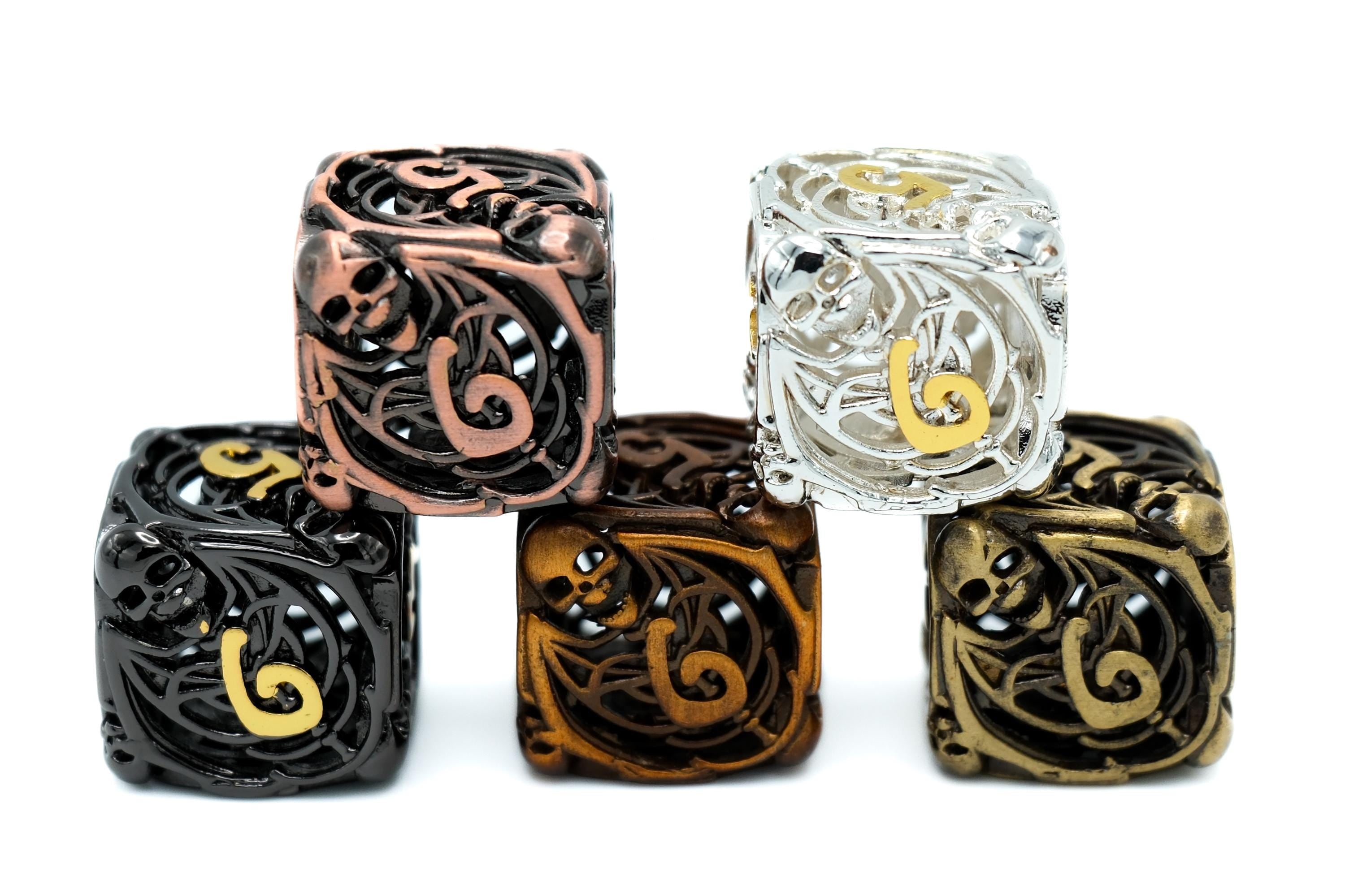 Skull and Bones Hollow Metal DnD Dice Set: 7 Piece Skeleton RPG Dice
