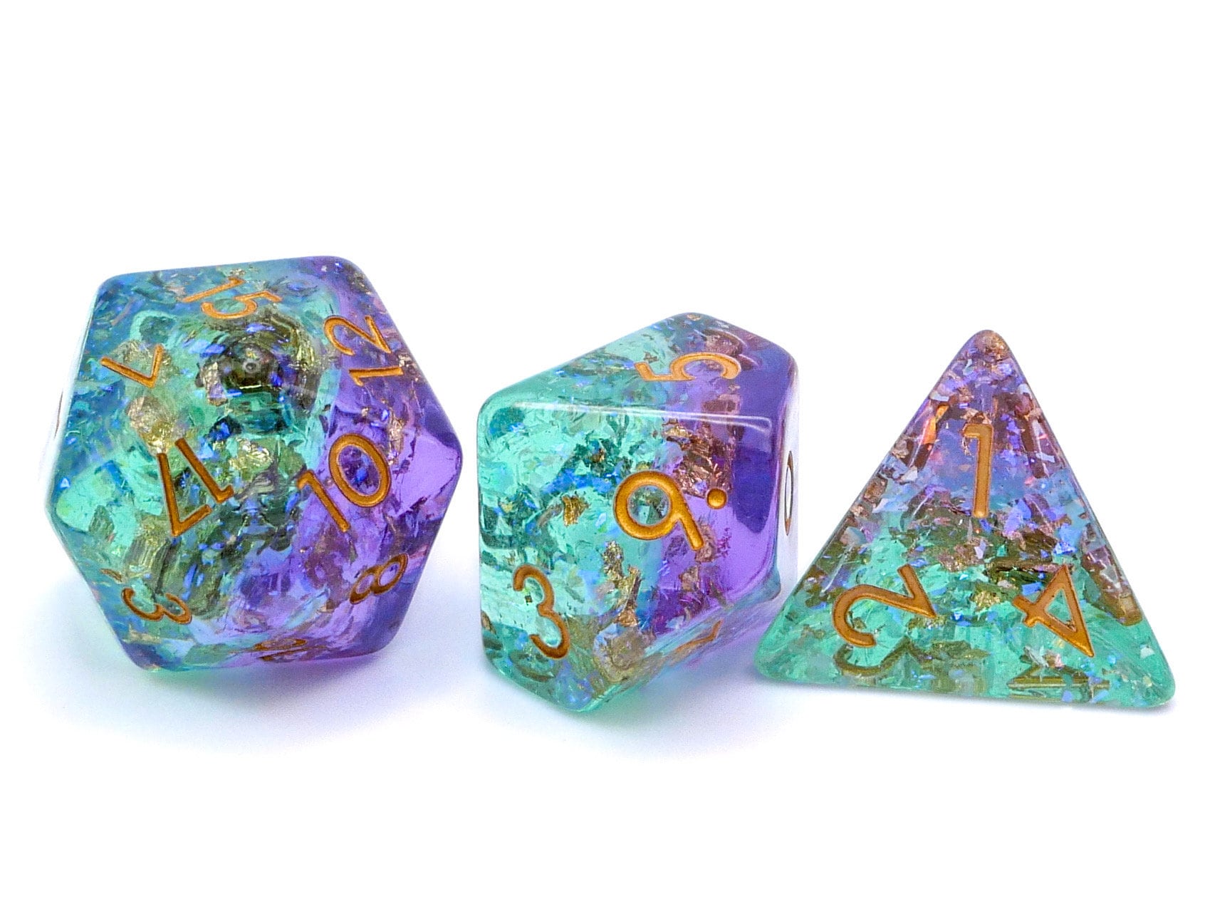 Fairy Green & Purple Dnd Dice Set: Gold Leaf Glitter RPG Dice