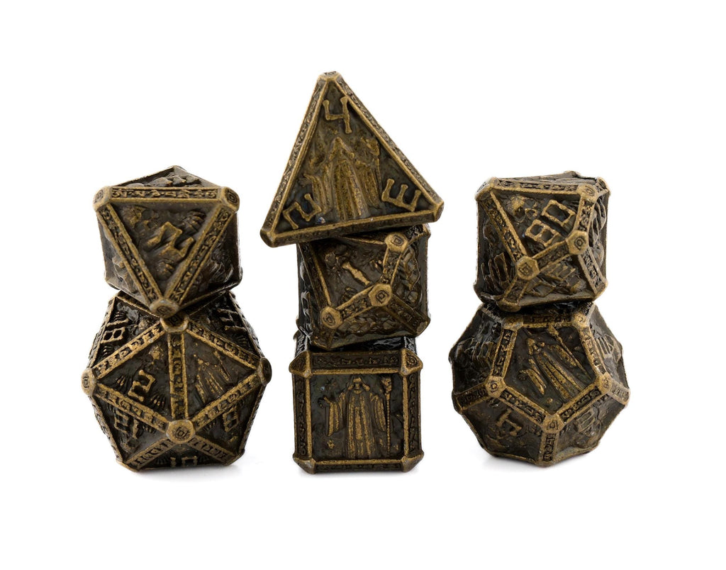 Cleric Metal DnD Dice Set: 7 Piece Skulls and Holy Symbols RPG Dice