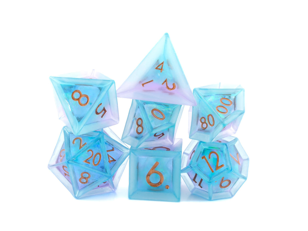 Glacier Resin Sharp Edge DnD Dice Set: 7 Piece Translucent RPG Dice