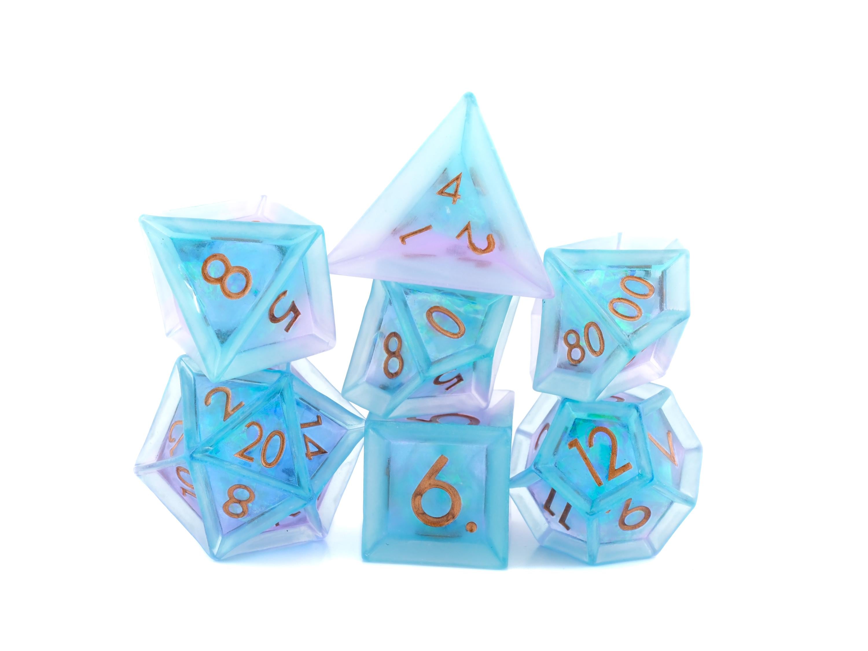 Glacier Resin Sharp Edge DnD Dice Set: 7 Piece Translucent RPG Dice