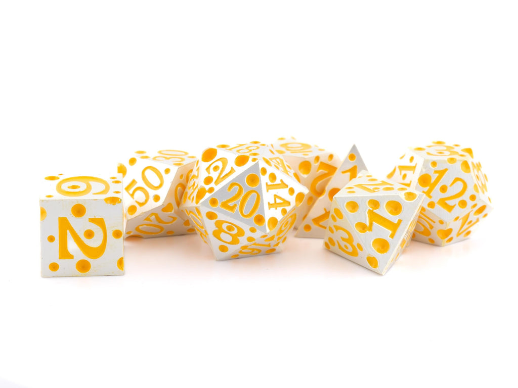 Cheese Metal DnD Dice Set | 7 Piece RPG Dice | Cheese Wheel Dice | Swiss Cheese Dice | Food Dice | Dungeons & Dragons | TTRPG | Gamer Gift