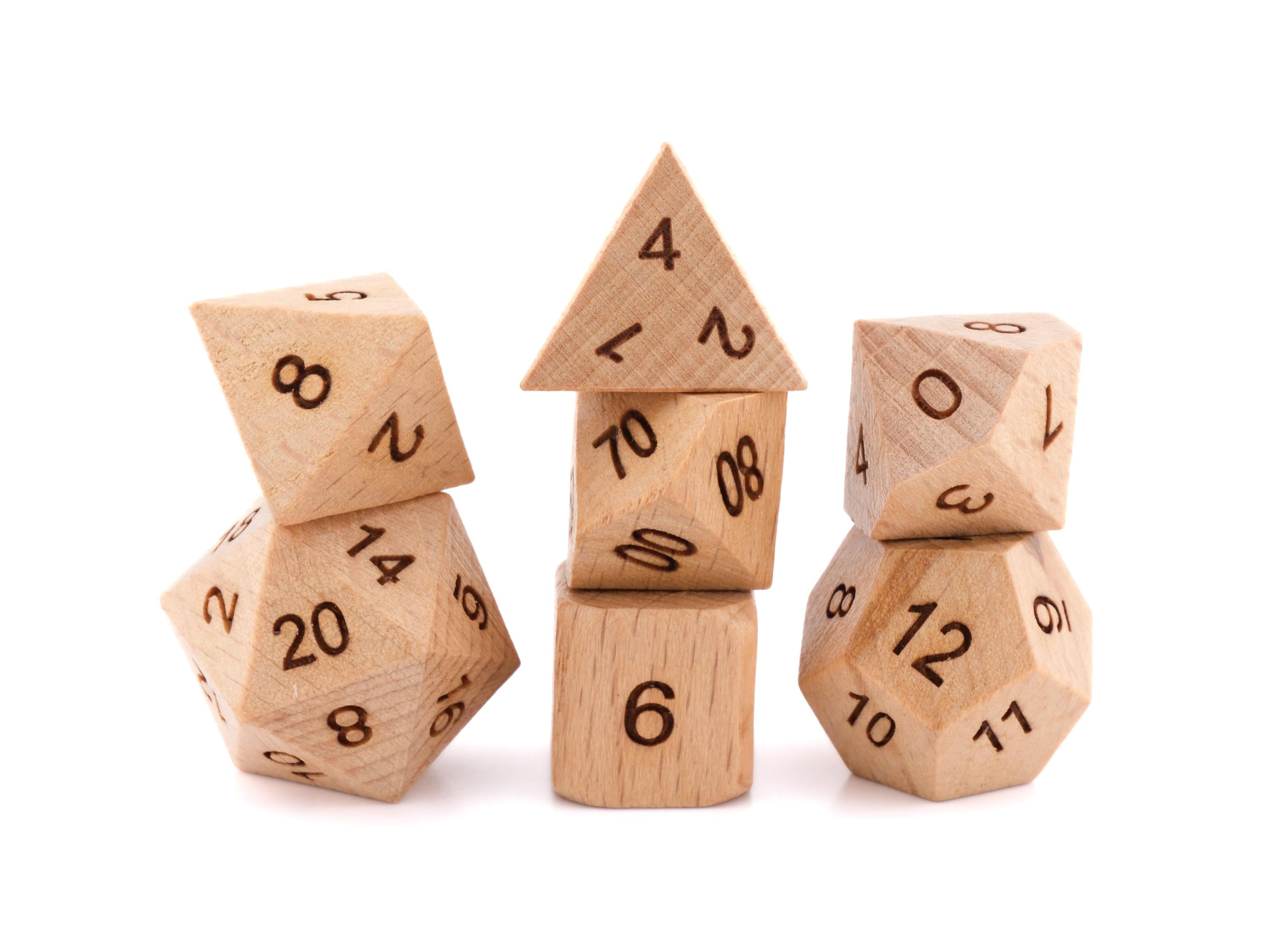 Beech Wood DnD Dice Set: Engraved 7-Piece RPG Dice