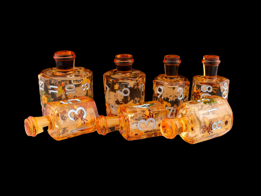 Honey Bee Potion Bottle Resin Liquid Core DnD Dice Set: 7-Piece RPG Dice