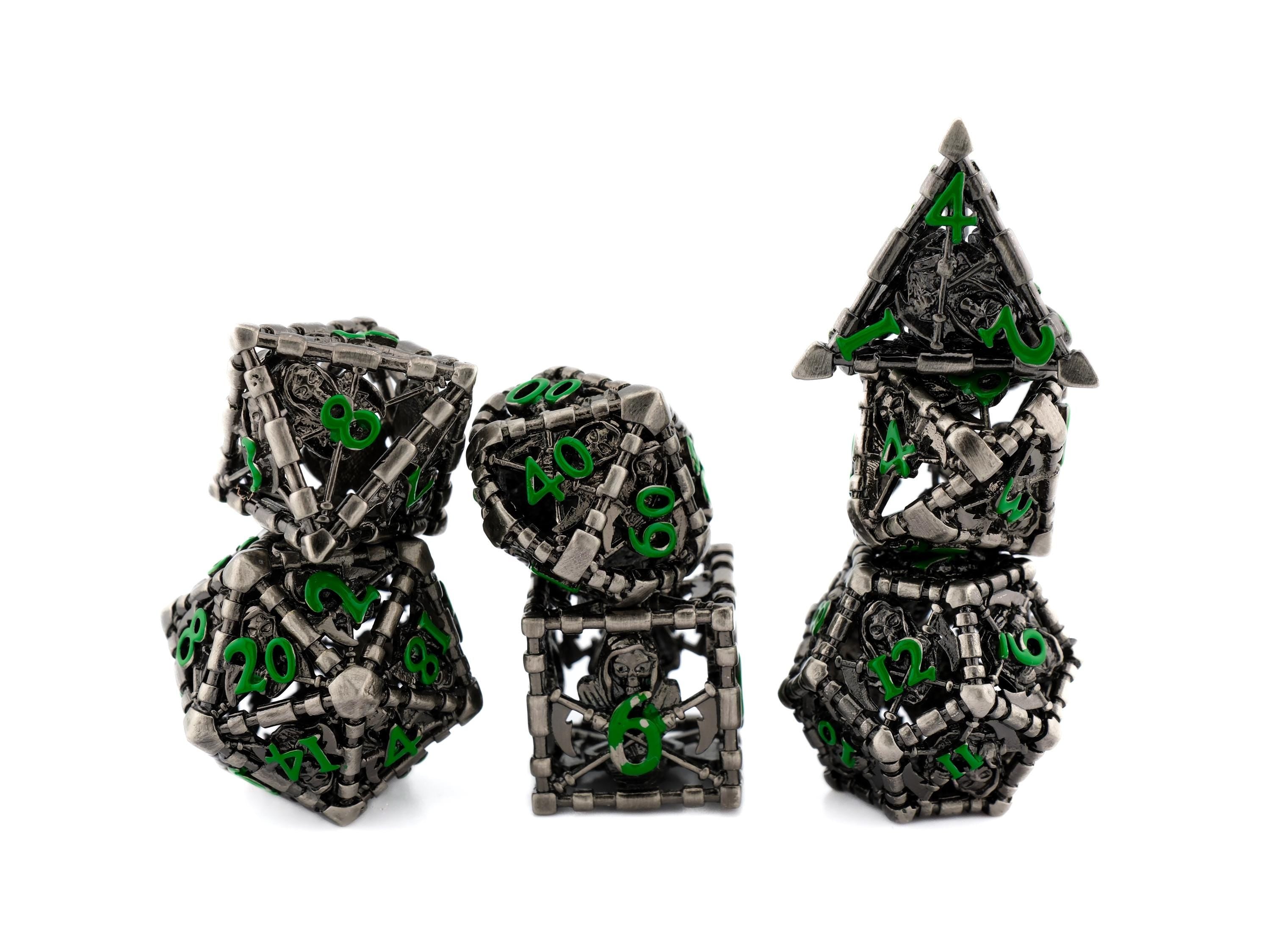 Grim Reaper Hollow Metal DnD Dice | 7 Piece RPG Dice Set | 4 Colors | Death Scythe Dice | Dungeons & Dragons | Tabletop RPG | Gamer Gift