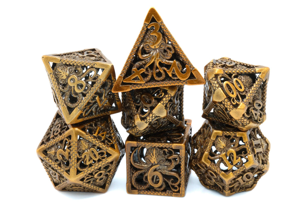 Octopus Hollow Metal DnD Dice Set: 7-Piece Oceanic Cthulhu RPG Dice