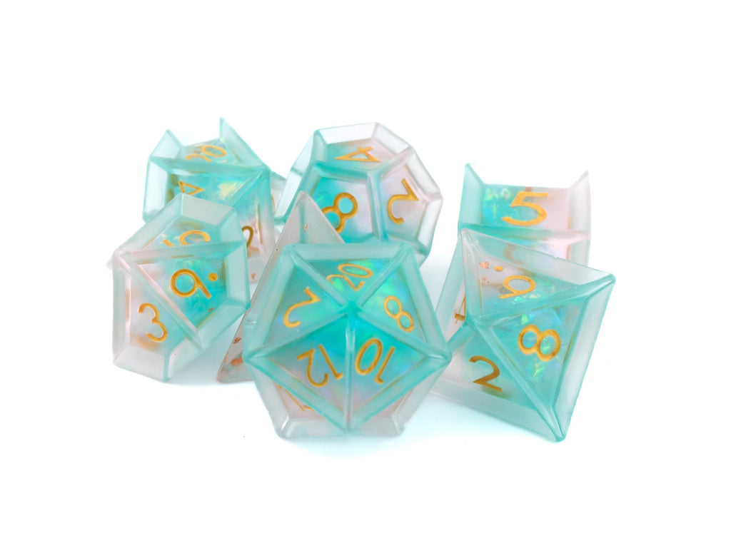 Glacier Resin Sharp Edge DnD Dice Set: 7 Piece Translucent RPG Dice