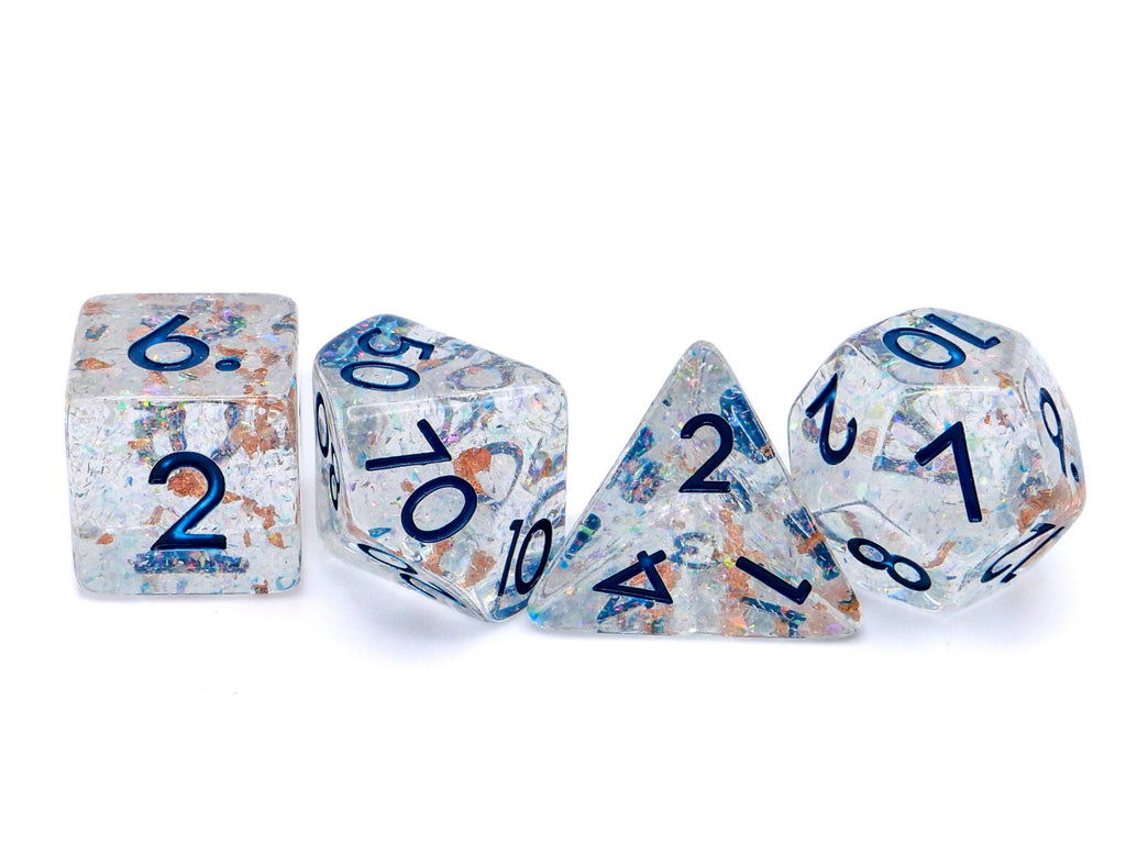 Star Cluster Resin DnD Dice Set: 7 Piece Copper Foil Glitter RPG Dice