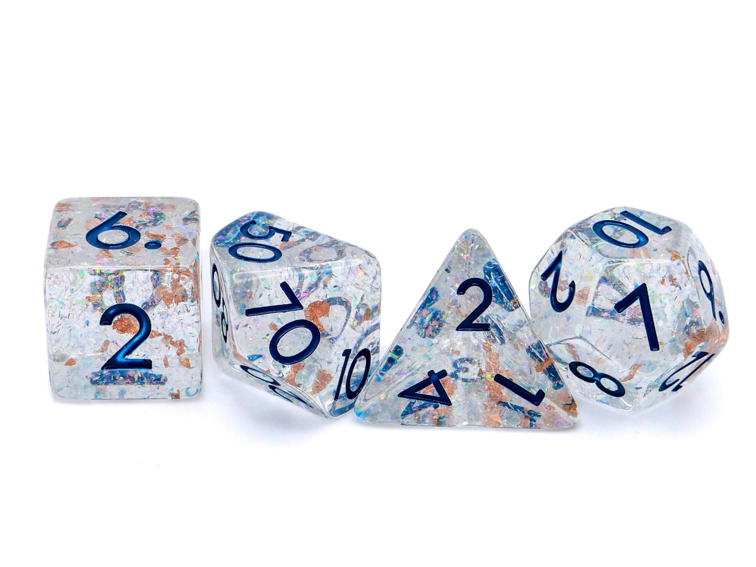 Star Cluster Resin DnD Dice Set: 7 Piece Copper Foil Glitter RPG Dice