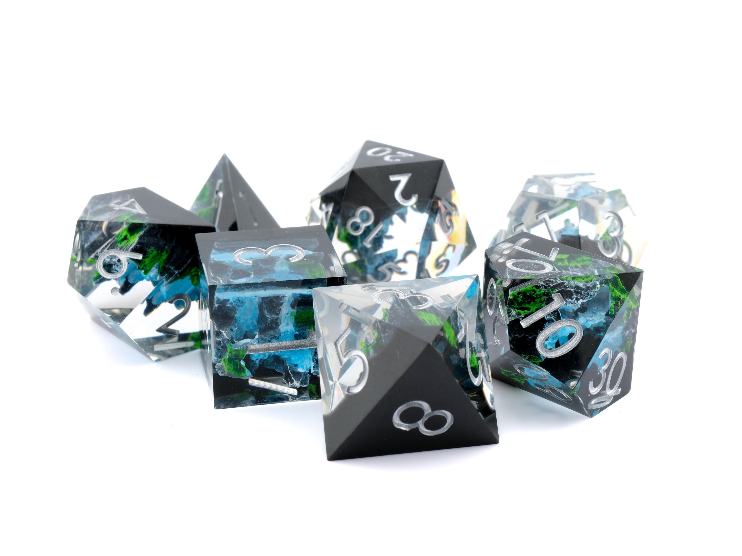 Mountain Waterfall Resin Sharp Edge DnD Dice Set: 7-Piece Nature RPG Dice