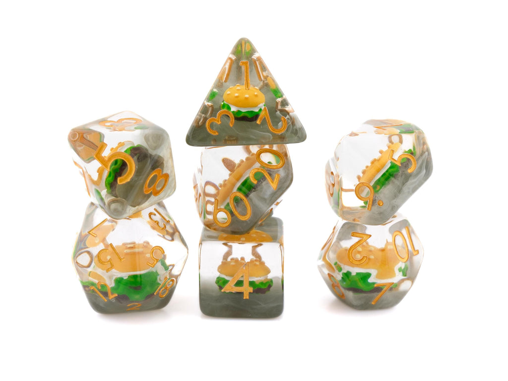 Burger Resin DnD Dice Set: 7 Piece Sandwich RPG Dice
