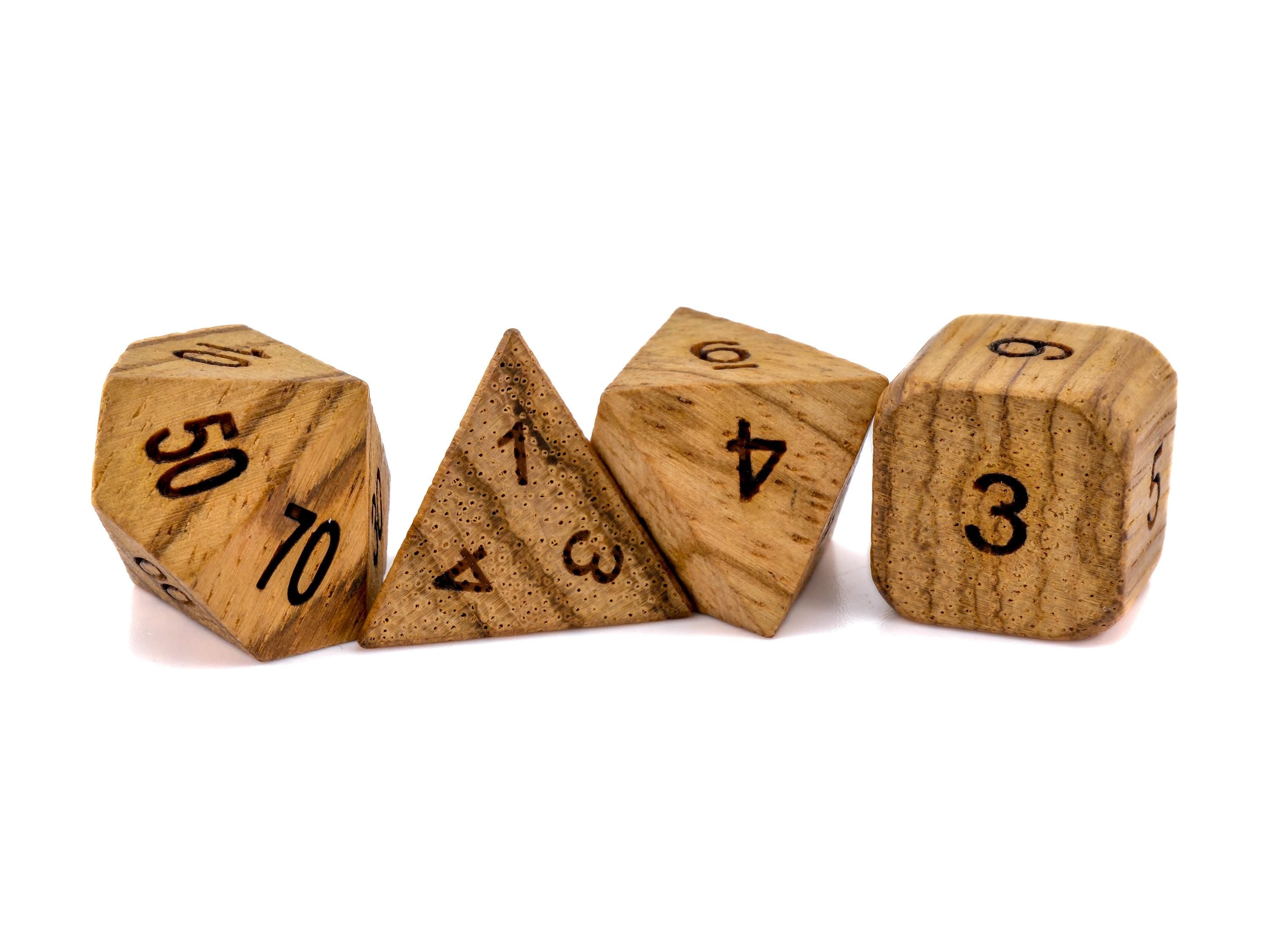 Zebra Wood DnD Dice Set: 7 Piece Engraved Numbers RPG Dice
