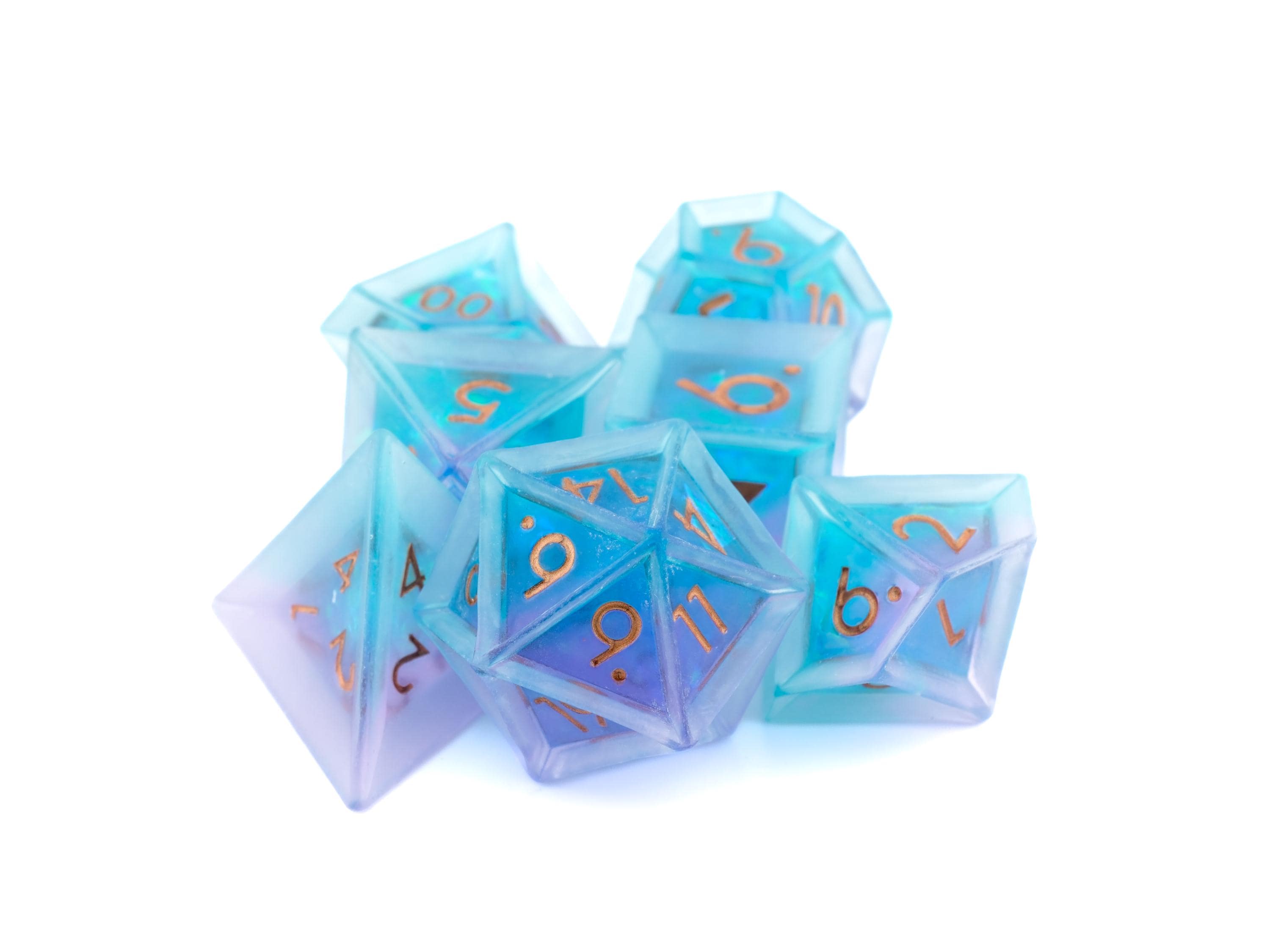 Glacier Resin Sharp Edge DnD Dice Set: 7 Piece Translucent RPG Dice