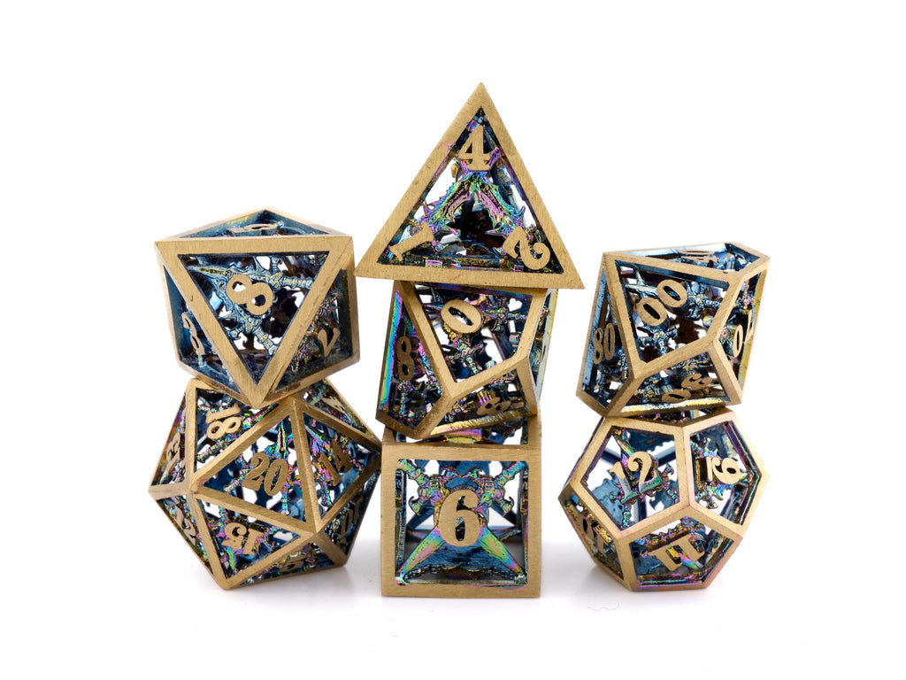Dueling Blades Hollow Metal DnD Dice Set: 7 Piece Crossed Swords RPG Dice