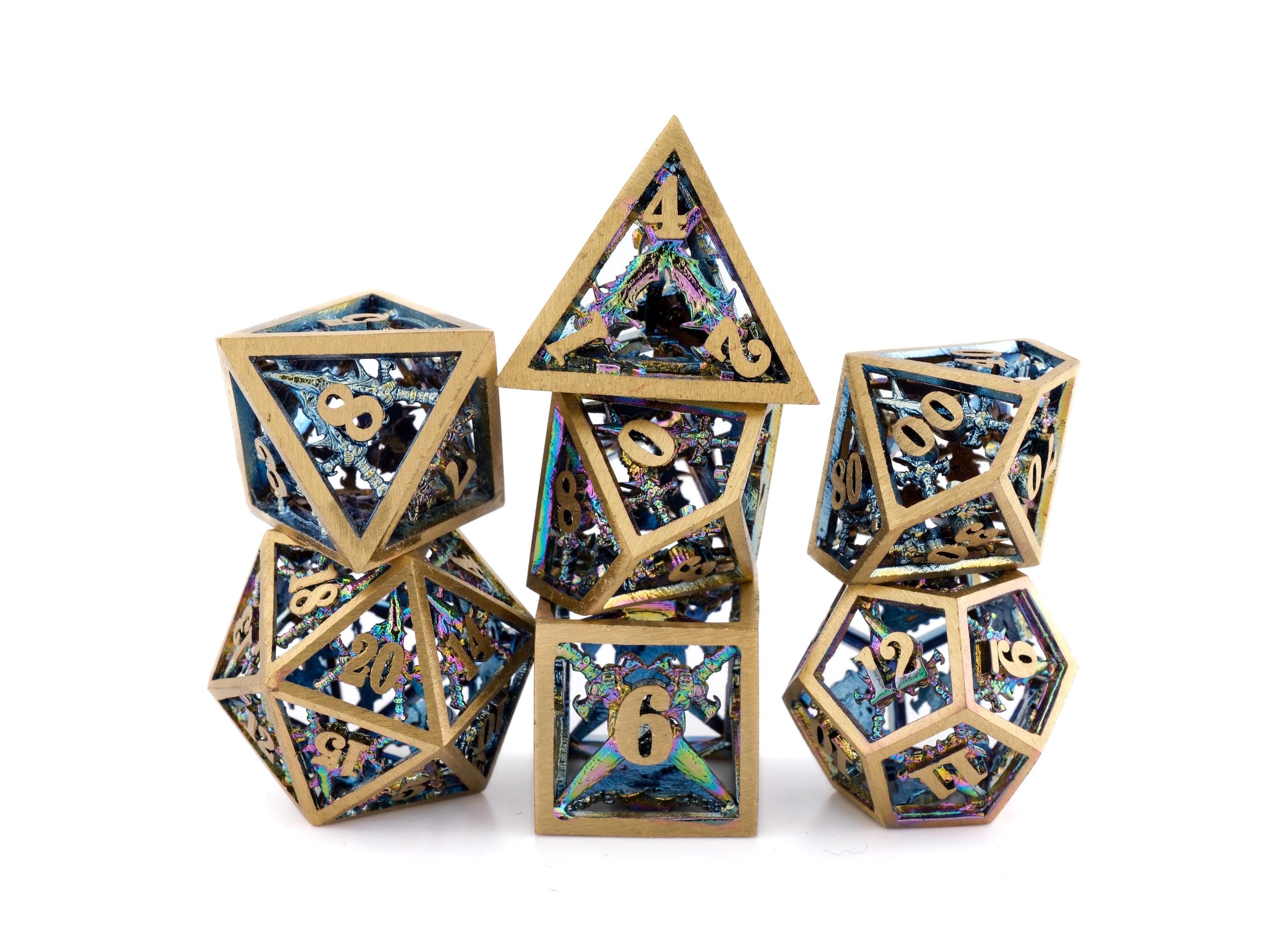 Dueling Blades Hollow Metal DnD Dice Set: 7 Piece Crossed Swords RPG Dice