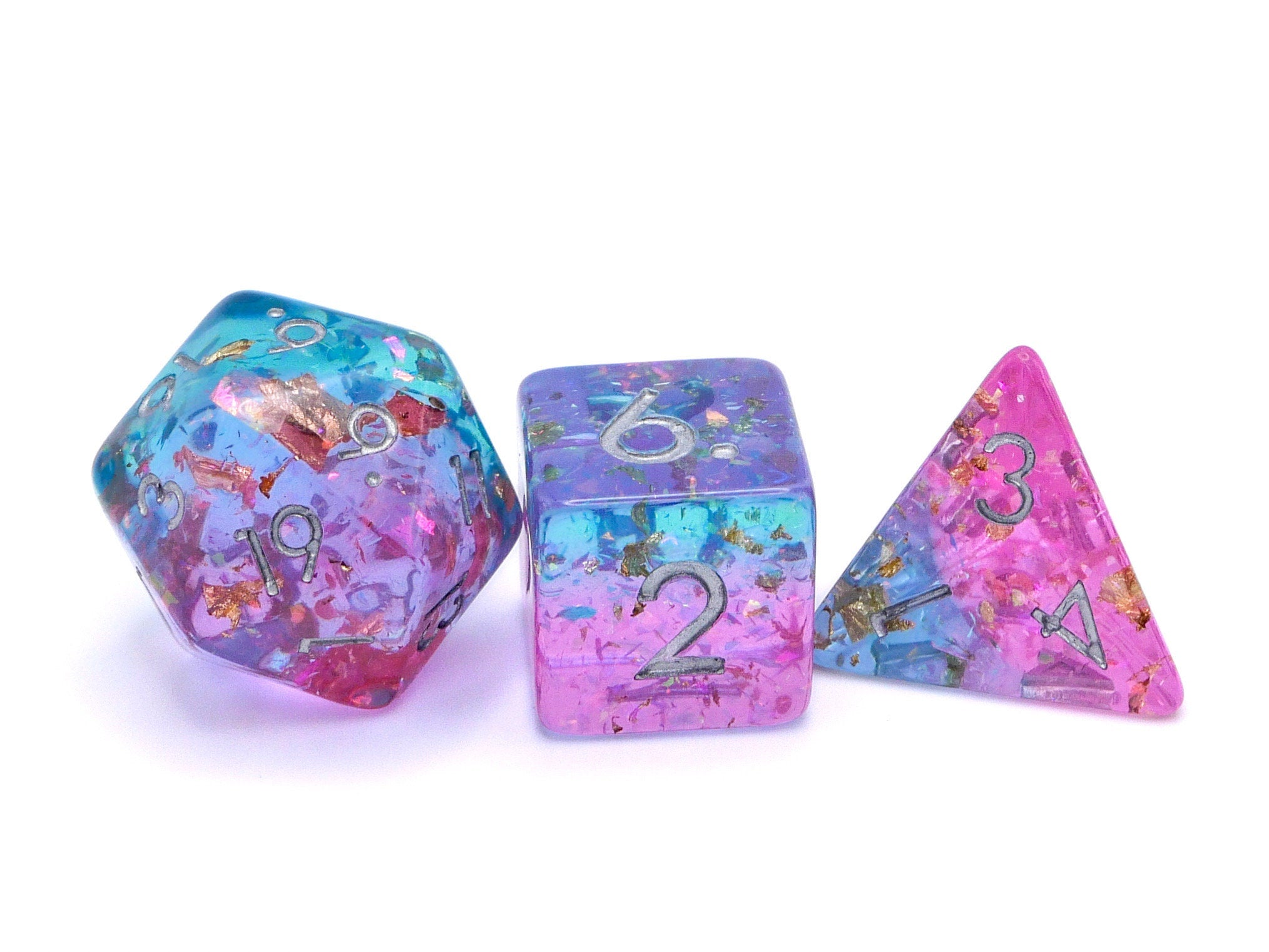 Cosmic Pink and Blue Resin DnD Dice Set: Gold Leaf Foil RPG Dice