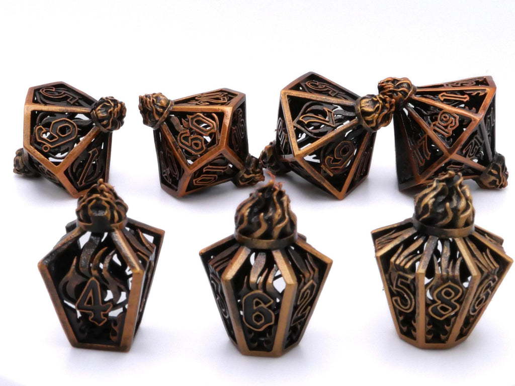 Flame Bottle Hollow Metal DnD Dice Set: 7 Piece Lantern RPG Dice