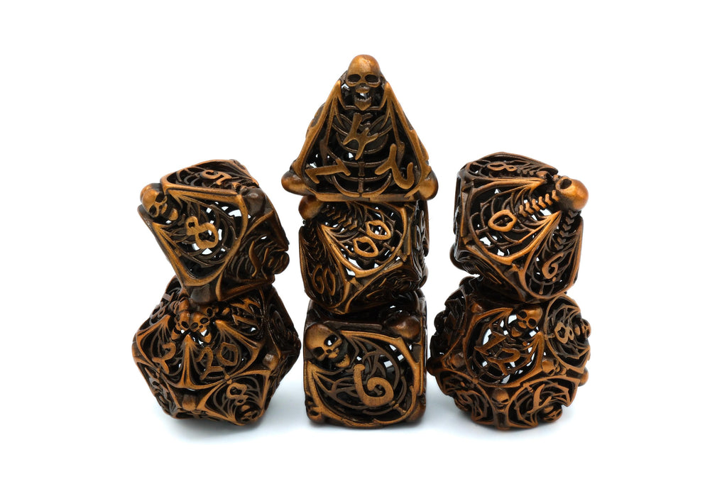 Skull and Bones Hollow Metal DnD Dice Set: 7 Piece Skeleton RPG Dice
