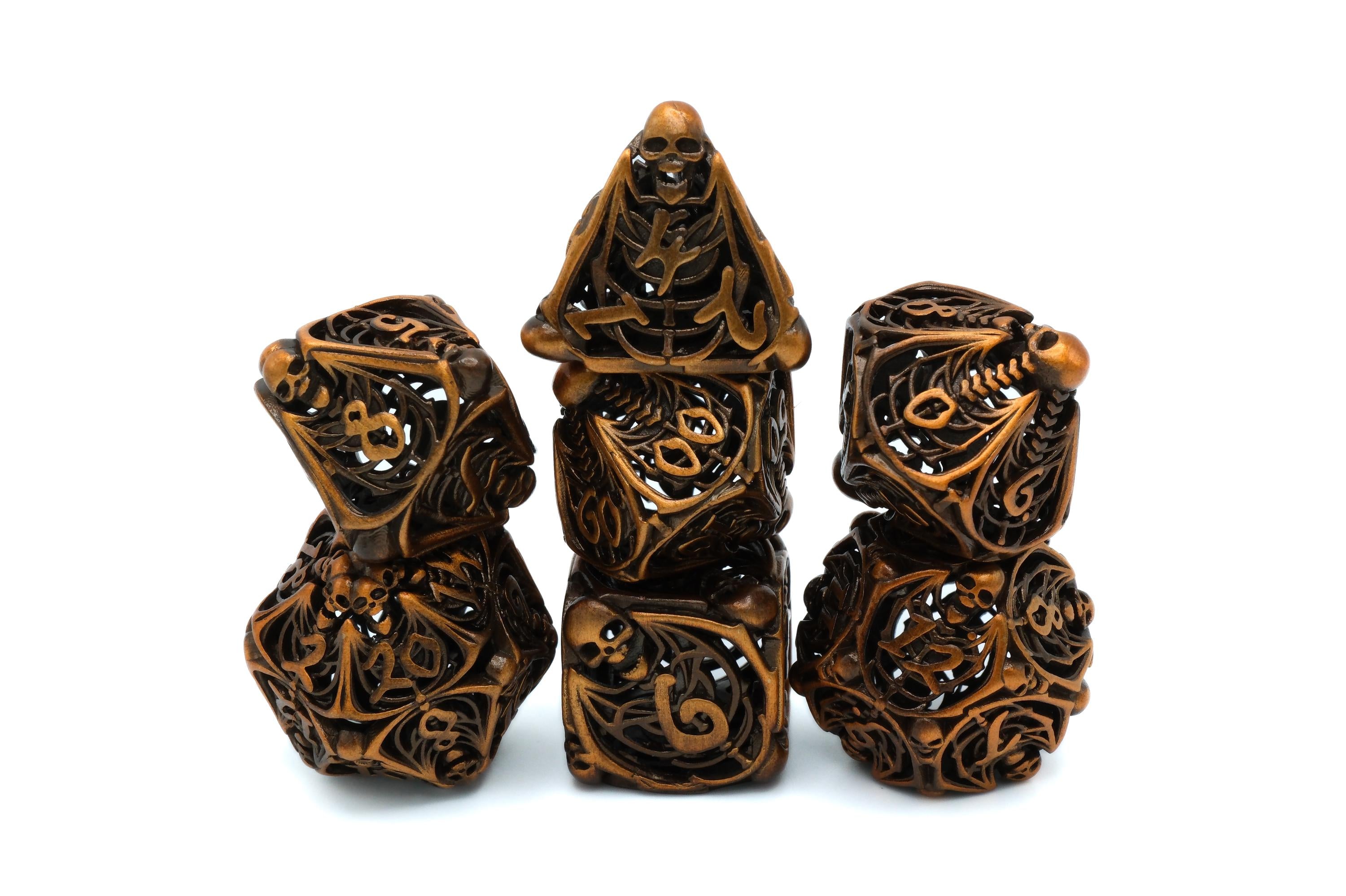 Skull and Bones Hollow Metal DnD Dice Set: 7 Piece Skeleton RPG Dice