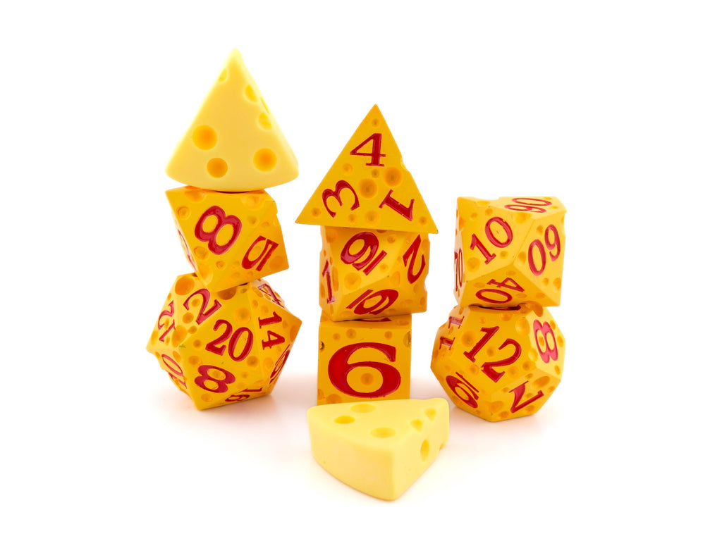 Cheese Metal DnD Dice Set | 7 Piece RPG Dice | Cheese Wheel Dice | Swiss Cheese Dice | Food Dice | Dungeons & Dragons | TTRPG | Gamer Gift