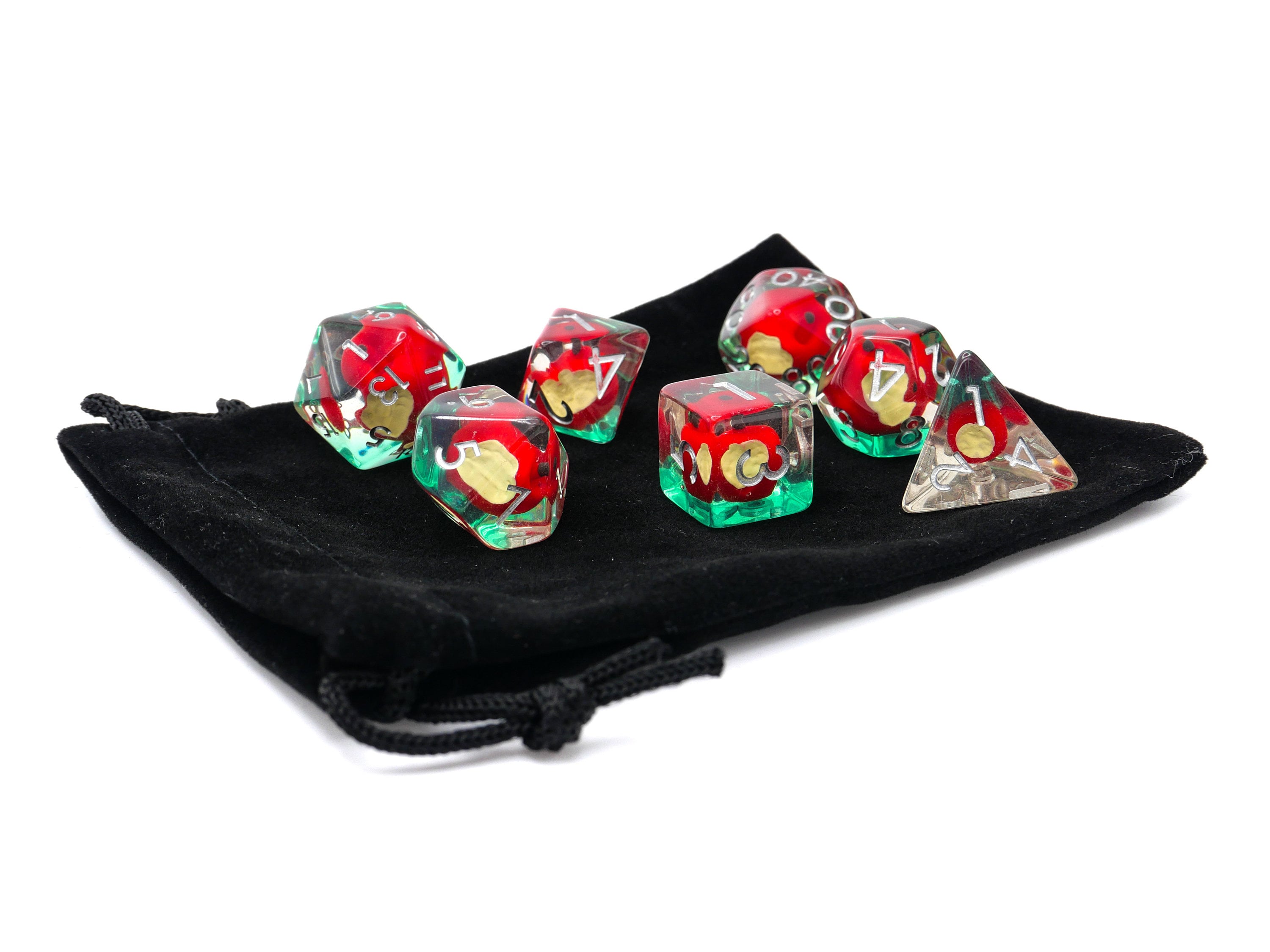 Apple Resin DnD Dice Set: 7 Piece Bitten Fruit RPG Dice