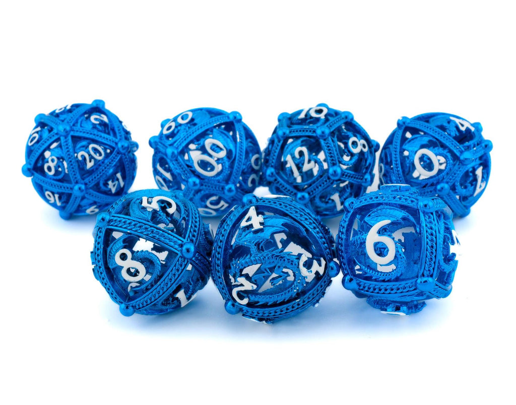 Round Dragon Hollow Metal DnD Dice Set: 7 Piece Orb RPG Dice