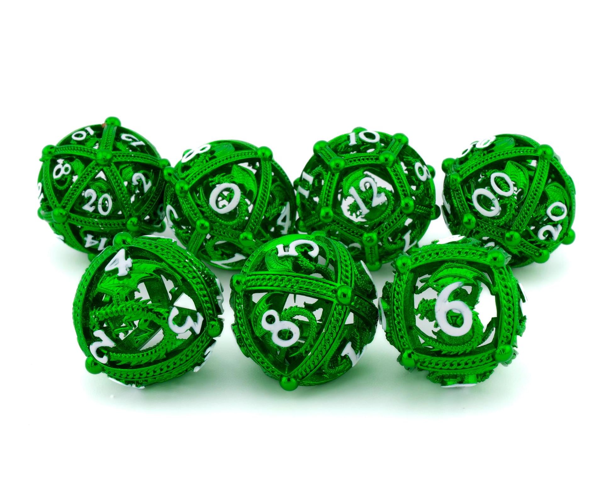 Round Dragon Hollow Metal DnD Dice Set: 7 Piece Orb RPG Dice