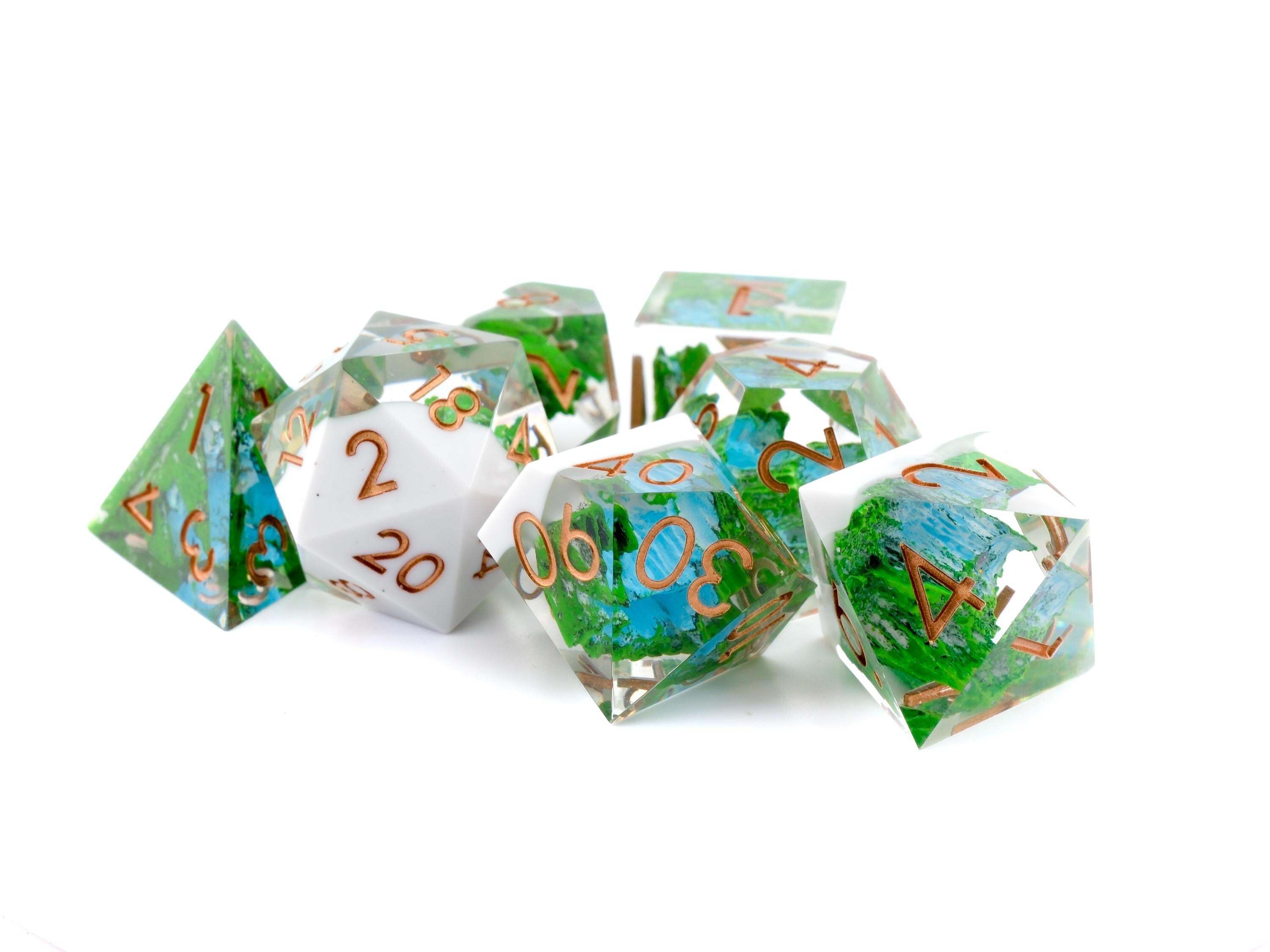 Mountain Waterfall Resin Sharp Edge DnD Dice Set: 7-Piece Nature RPG Dice