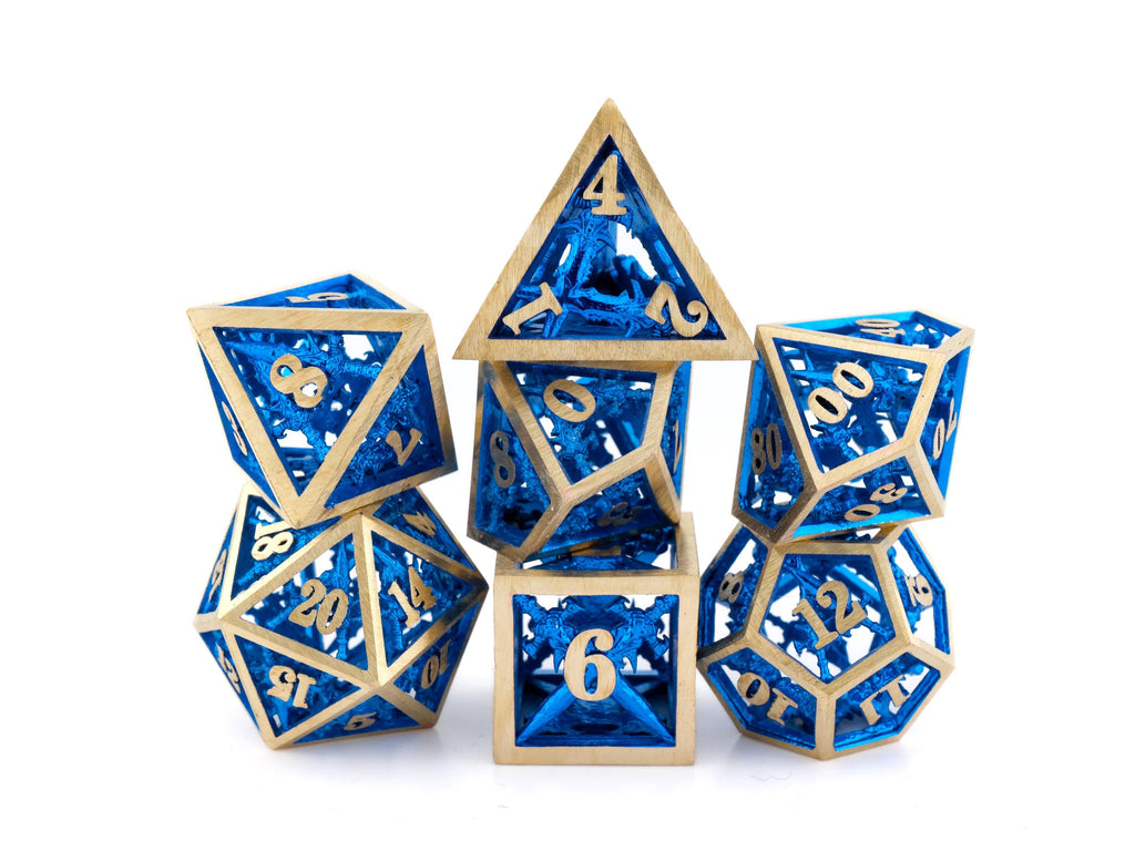 Dueling Blades Hollow Metal DnD Dice Set: 7 Piece Crossed Swords RPG Dice