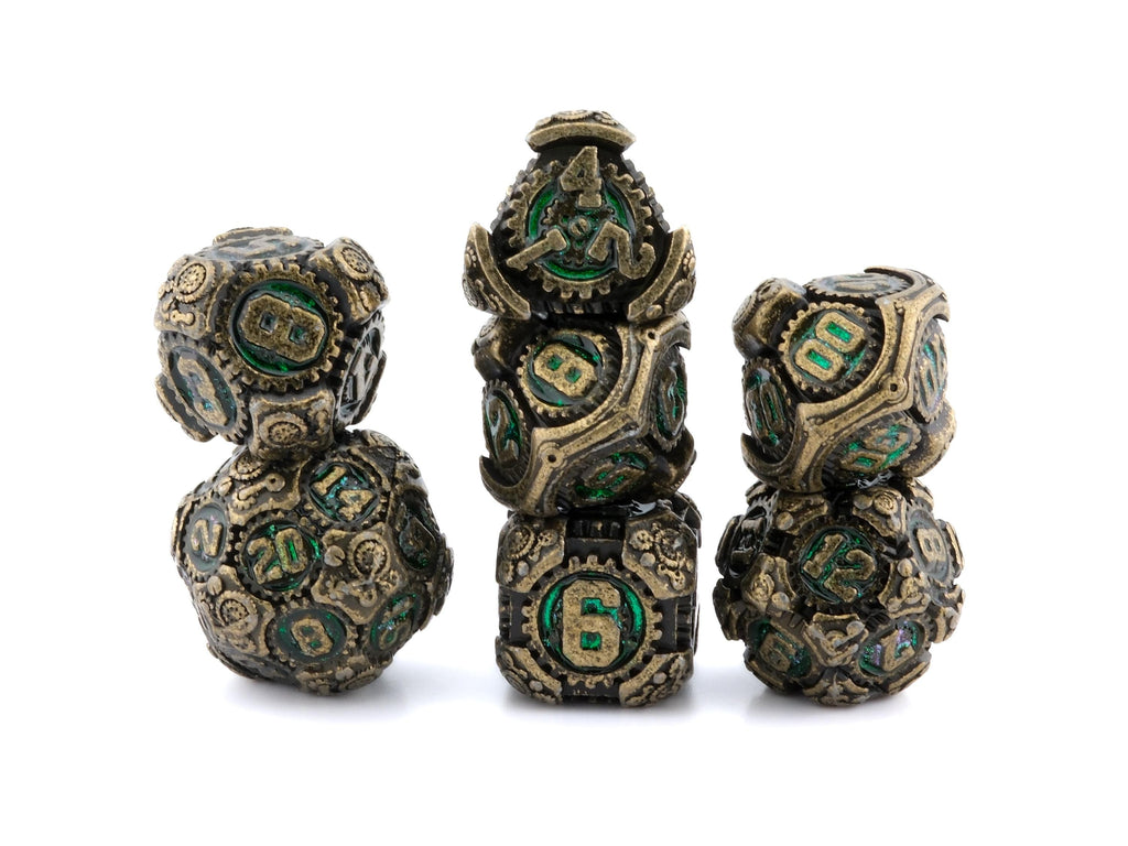 Steampunk Gear Metal DnD Dice Set: 7 Piece Mechanical RPG Dice