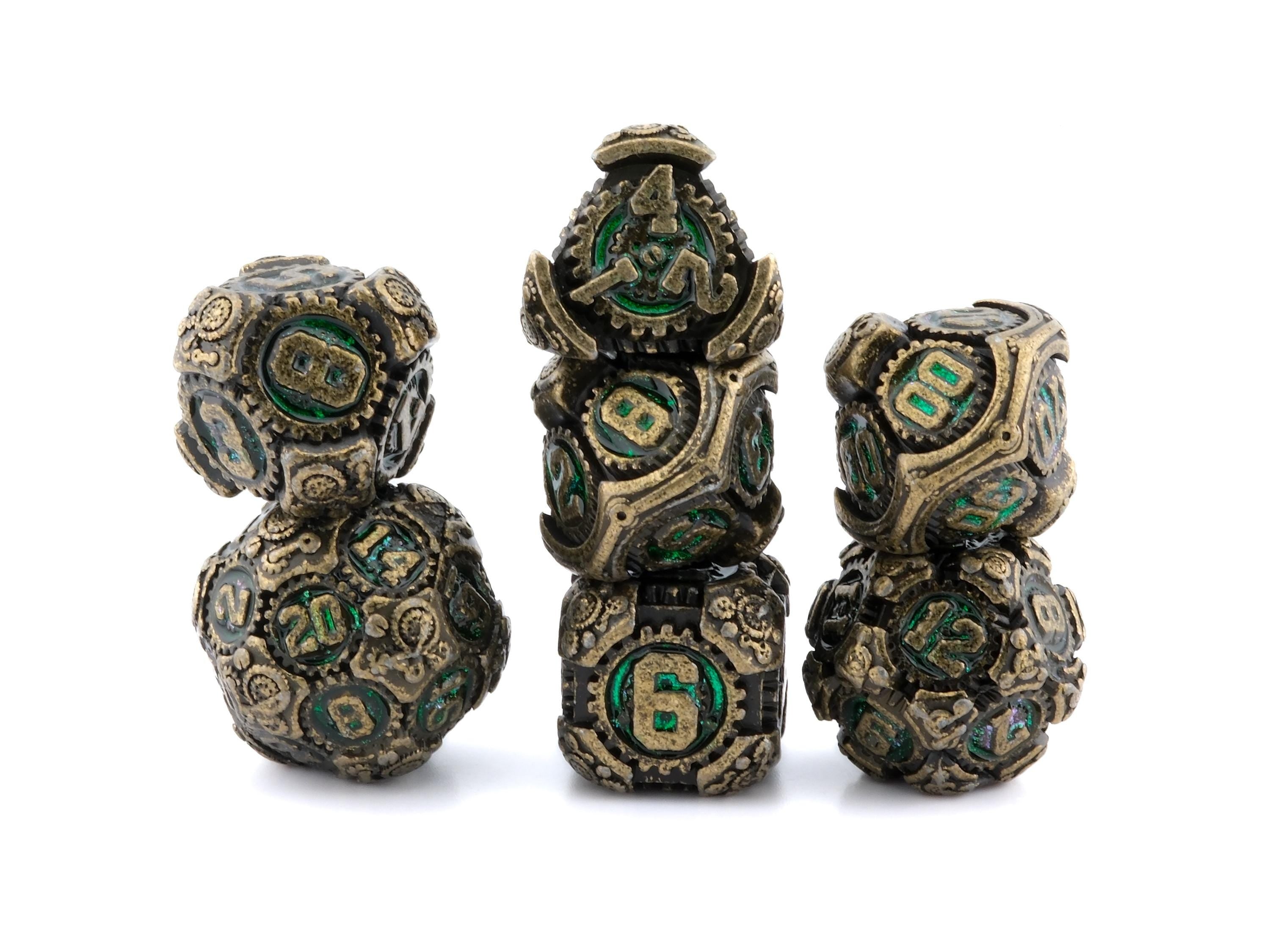 Steampunk Gear Metal DnD Dice Set: 7 Piece Mechanical RPG Dice