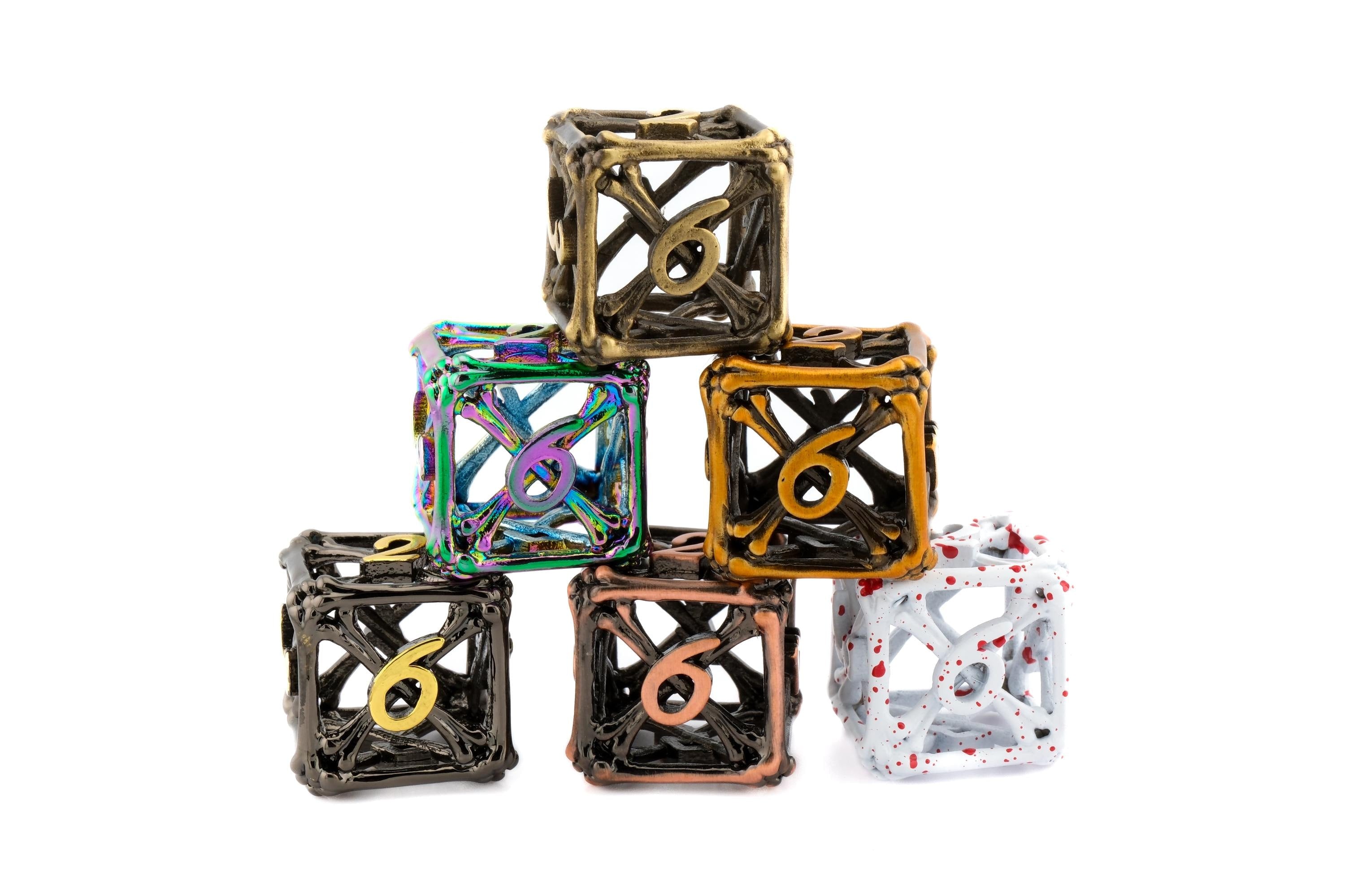 Graveyard Bones Metal Hollow DnD Dice Set: 7 Piece Skeletal Themed RPG Dice
