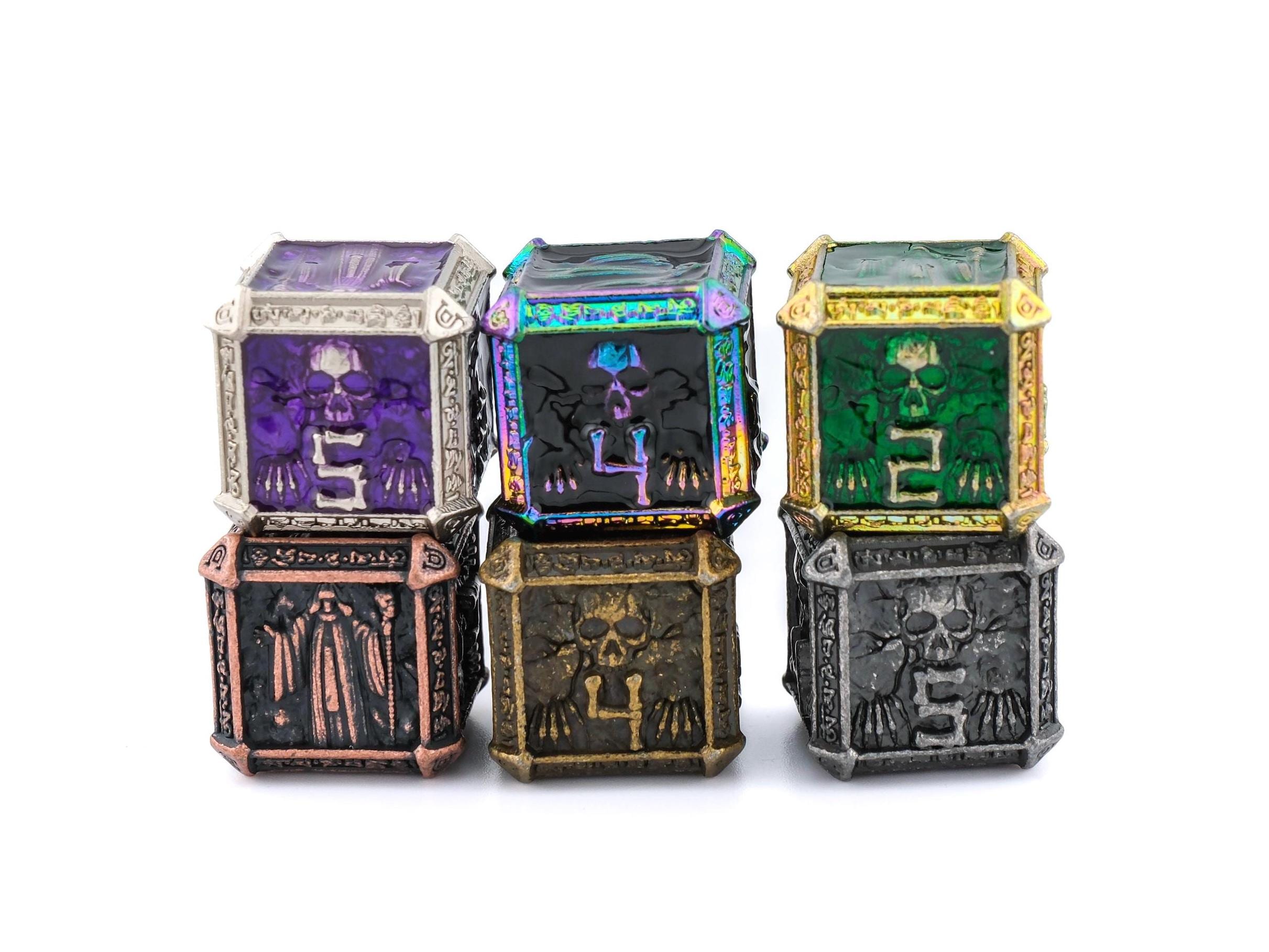 Cleric Metal DnD Dice Set: 7 Piece Skulls and Holy Symbols RPG Dice