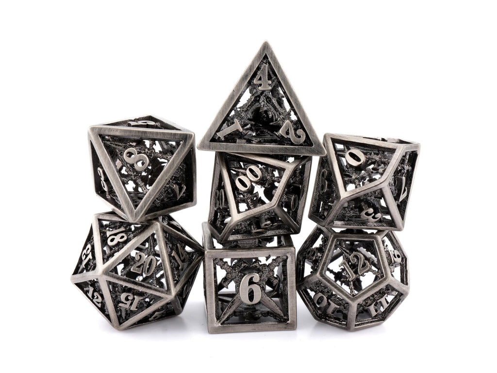 Dueling Blades Hollow Metal DnD Dice Set: 7 Piece Crossed Swords RPG Dice