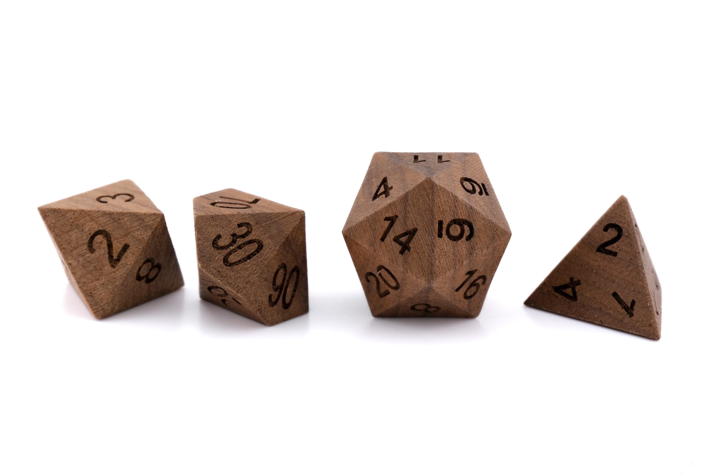 Black Walnut Wood DnD Dice Set: 7 Piece Engraved RPG Dice