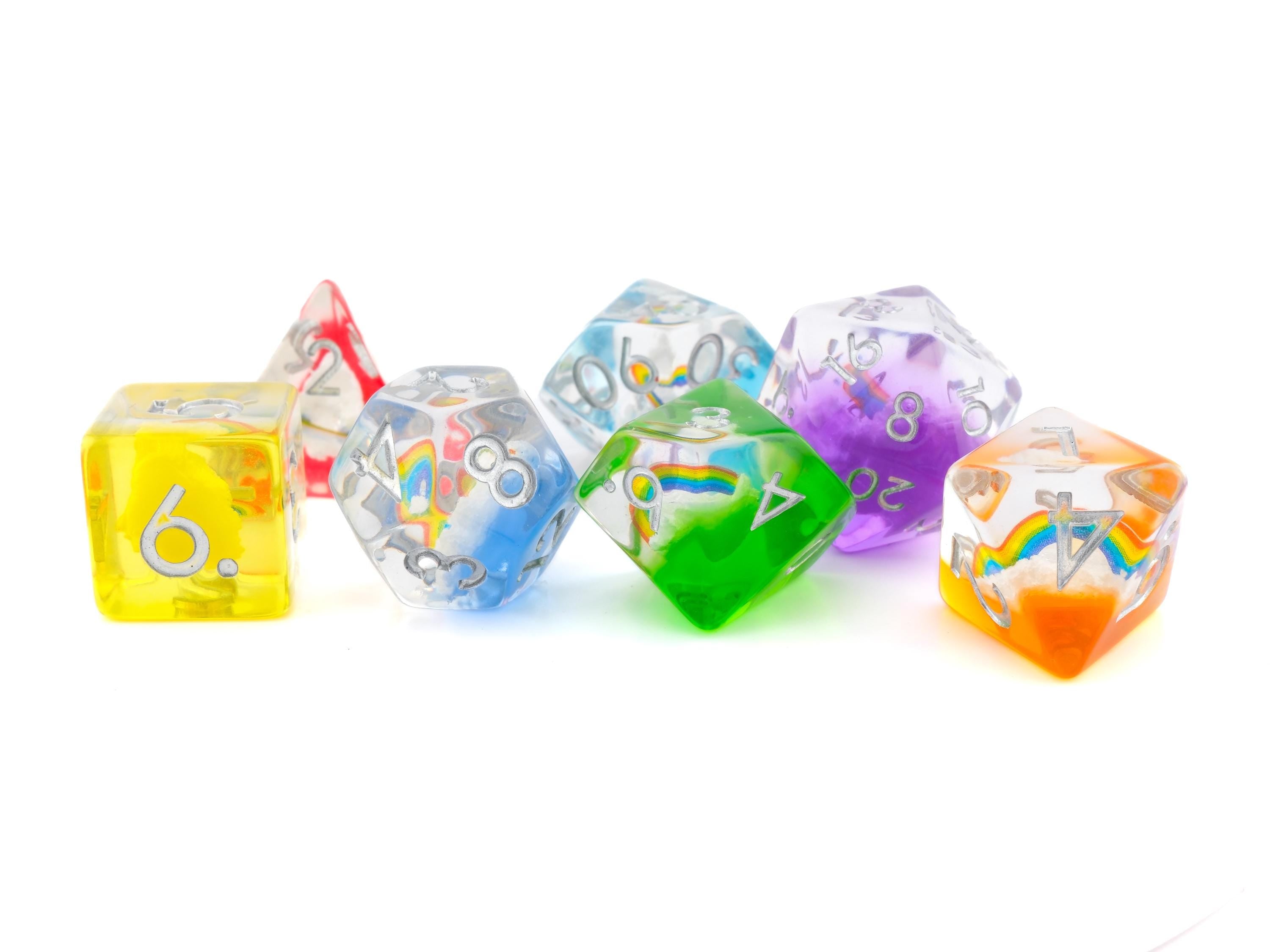 Rainbow Cloud Resin DnD Dice Set: 7 Piece RPG Dice