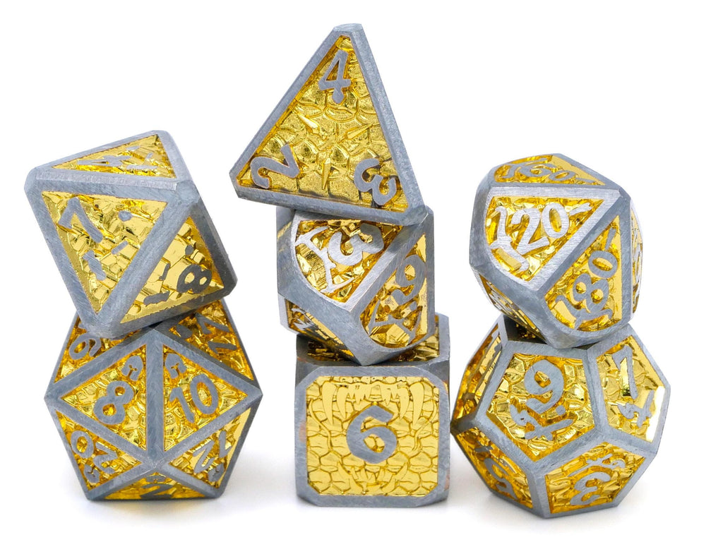 Dragon Forge Metal DnD Dice | 7 Piece RPG Dice Set | Dragon Teeth | Helm and Shield | Dungeons and Dragons | TTRPG | Gamer Gift