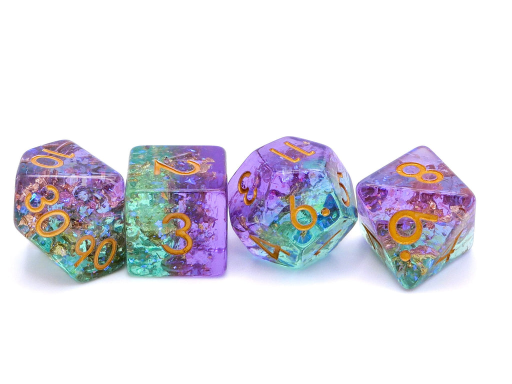 Fairy Green & Purple Dnd Dice Set: Gold Leaf Glitter RPG Dice