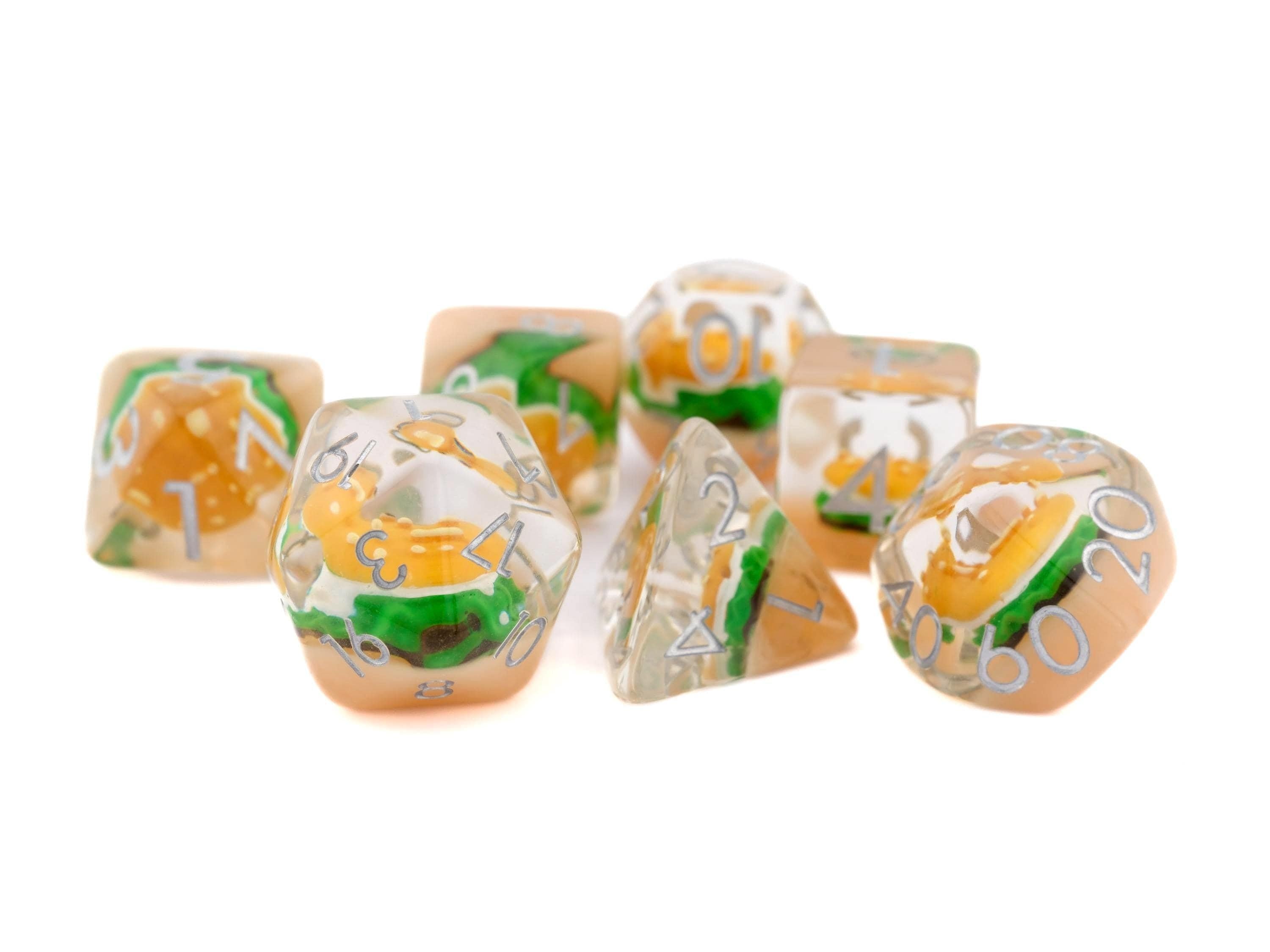 Burger Resin DnD Dice Set: 7 Piece Sandwich RPG Dice