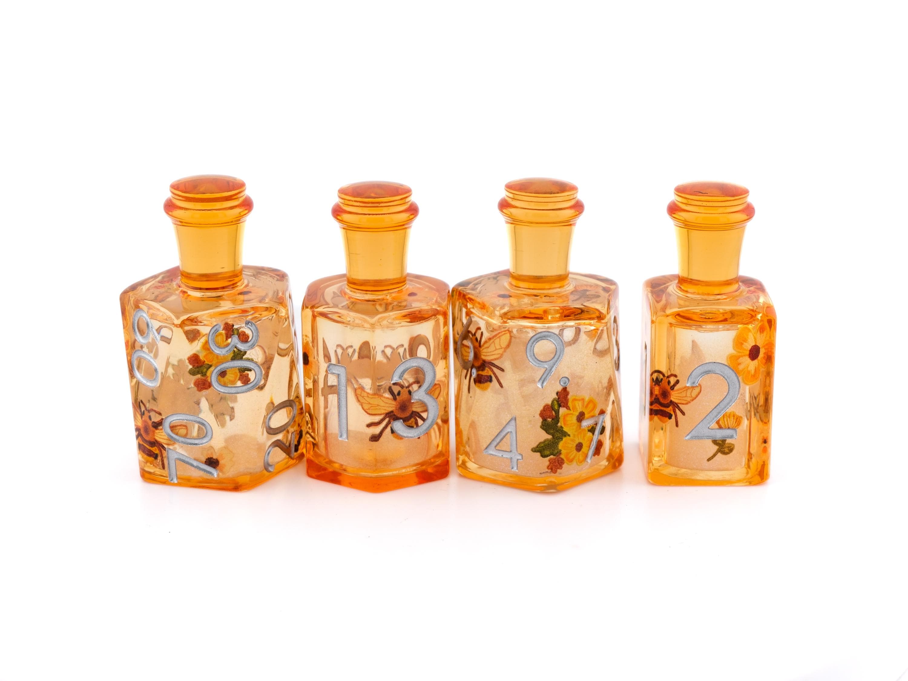 Honey Bee Potion Bottle Resin Liquid Core DnD Dice Set: 7-Piece RPG Dice