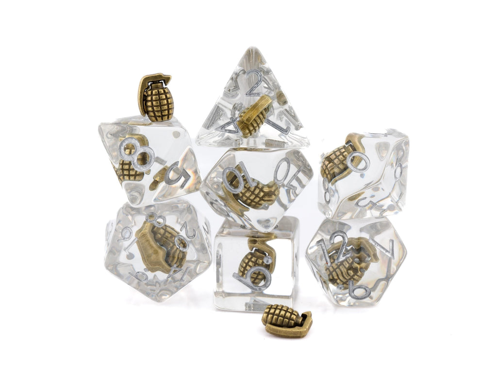 Grenade Resin DnD Dice Set | 7 Piece RPG Dice | Thrown Explosive Dice Set | Weapon Theme | Dungeons & Dragons | Tabletop RPG | Nerdy Gift