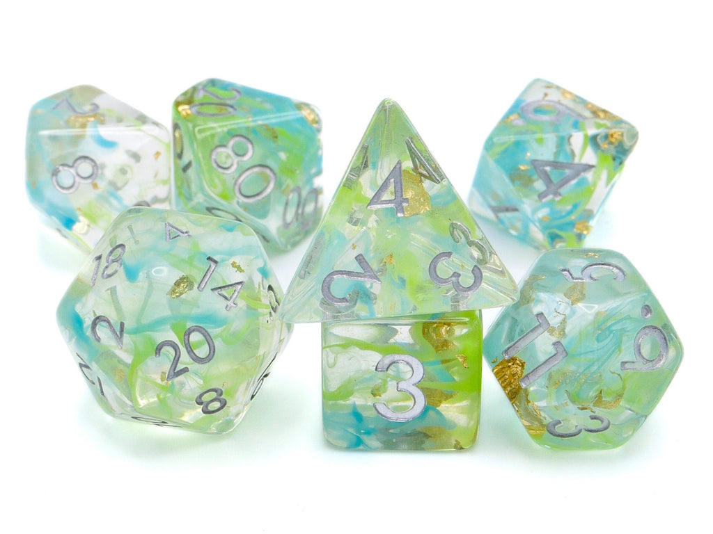 Candy Swirl Resin DnD Dice Set: 7 Piece Gold Foil RPG Dice