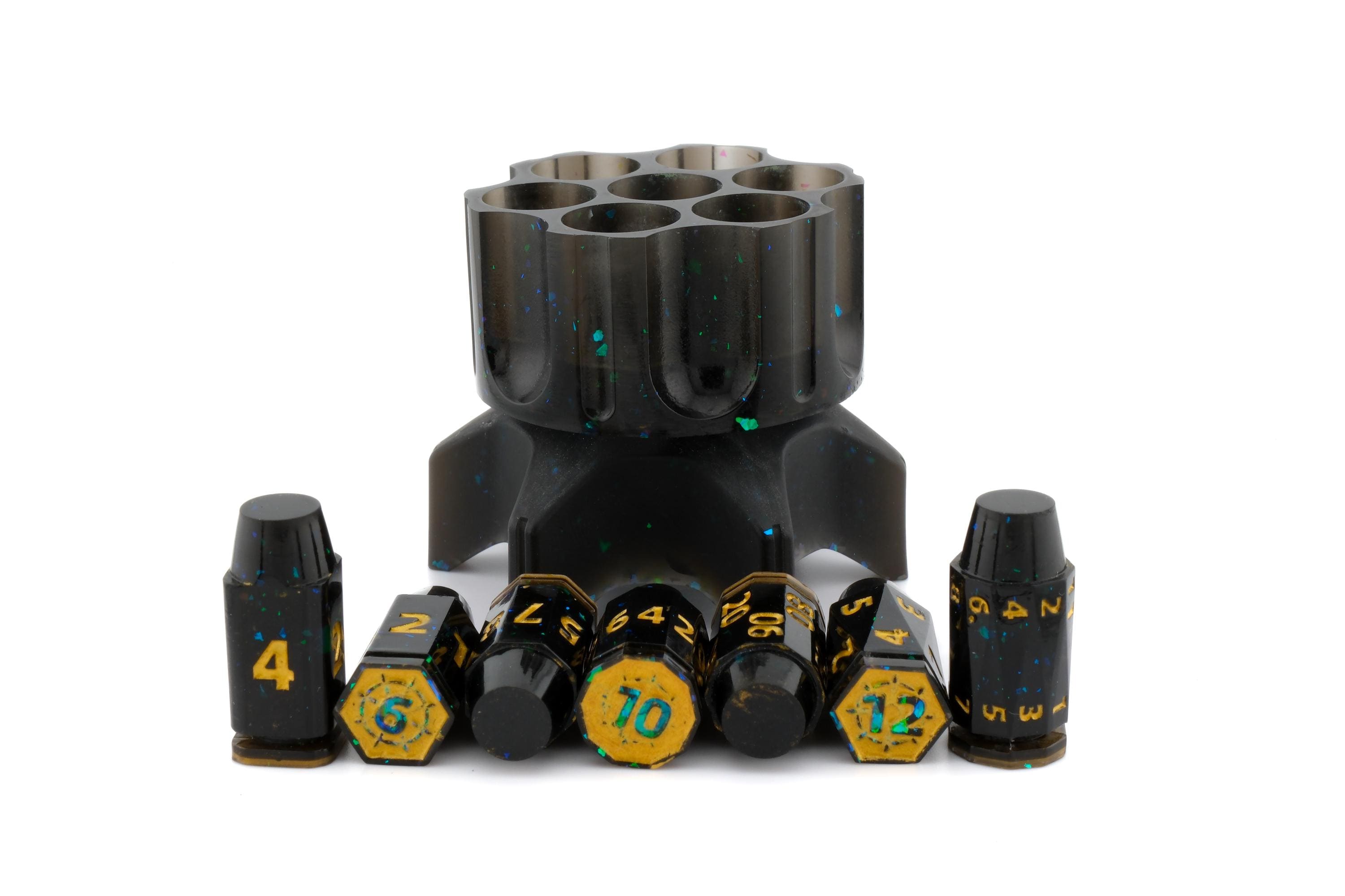 Spinning Revolver Resin Dice Set | Spinning Chamber | Bullet DnD Dice | Mechanical Gun | Dungeons & Dragons | Tabletop RPG | Fidget Gift