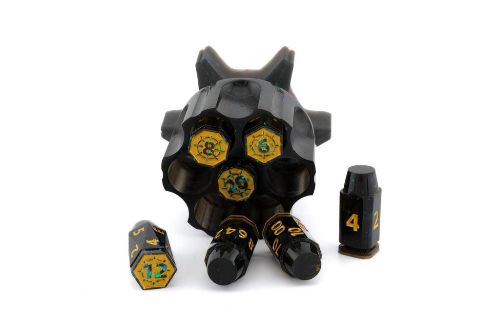 Spinning Revolver Resin Dice Set | Spinning Chamber | Bullet DnD Dice | Mechanical Gun | Dungeons & Dragons | Tabletop RPG | Fidget Gift